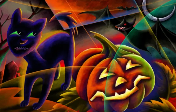Picture night, the moon, cemetery, pumpkin, Eclipse, bat, black cat, Happy Halloween, Jack