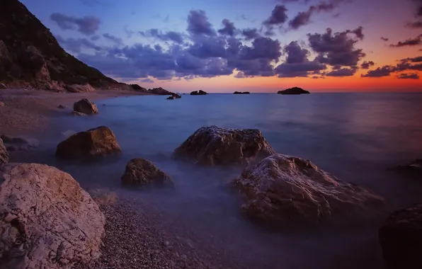 Picture sea, wave, the sky, clouds, sunset, stones, shore, the evening, horizon