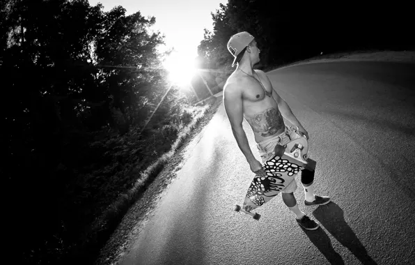 Picture road, chest, rays, male, cap, Board, guy, skate, torso, longboard, tattoo, for girls), me