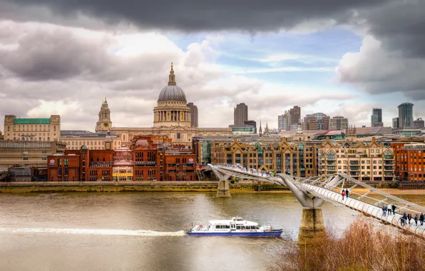 Picture autumn, the sky, clouds, bridge, river, people, home, London, the dome, Thames
