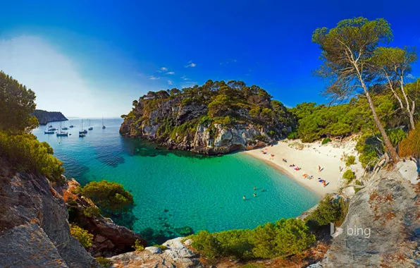 Picture sea, beach, rocks, Bay, yachts, boats, Spain, Menorca, Macarelleta