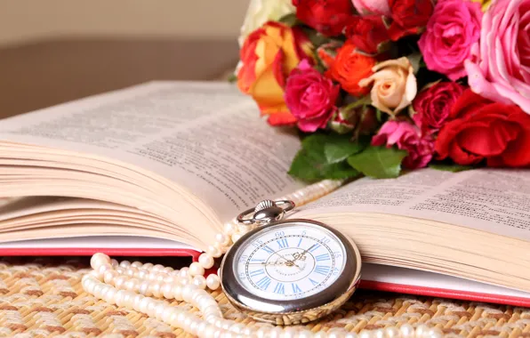 Picture watch, roses, bouquet, necklace, book