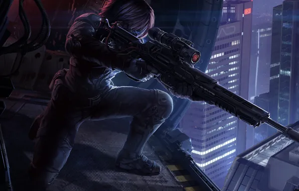 Picture night, fiction, helicopter, sniper, cyborg, cyberpunk, sniper rifle
