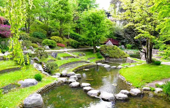 Picture grass, trees, pond, stones, France, Paris, garden, the bridge, Albert-Kahn Japanese gardens