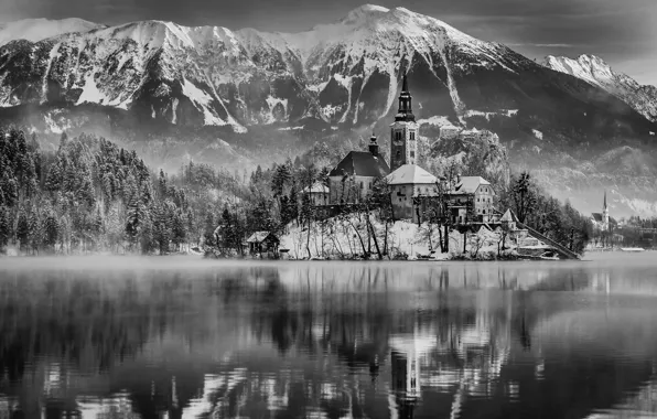 Picture winter, forest, snow, mountains, lake, reflection, island, morning, Europe, Church, black and white, Slovenia, Bled, …