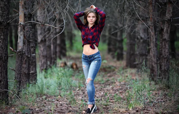 Picture Girl, Tree, Look, Jeans, Shirt, Sneakers