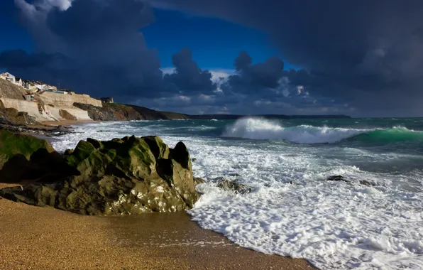 Picture sea, the sky, clouds, storm, the city, stones, rocks, England, home, england, porthleven