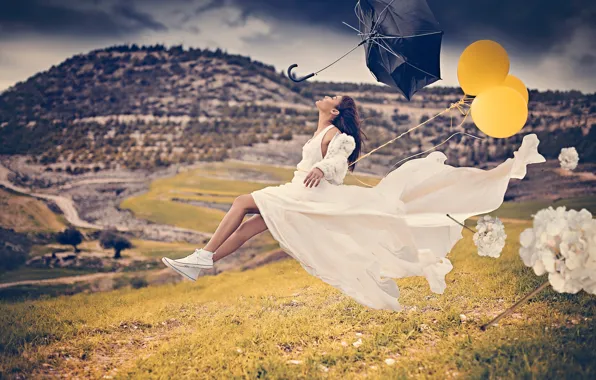 Picture girl, the wind, balls, umbrella, The Flying Bride