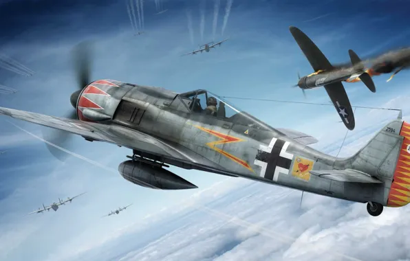 Picture fighter, war, art, painting, ww2, Focke Wulf Fw-190A-5/A-6