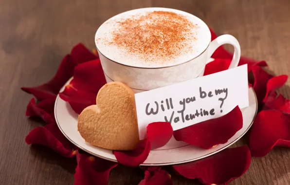Picture love, coffee, roses, petals, Cup, hearts, love, heart, romantic, Valentine's Day