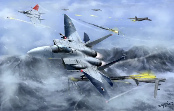 Picture snow, flight, mountains, fire, art, aircraft, fighters, battle, ace combat, in the sky