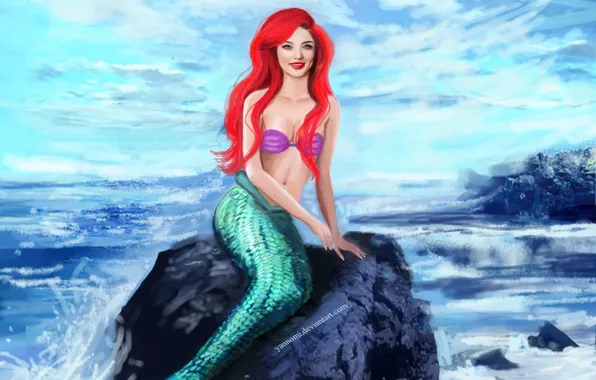 Picture sea, look, smile, mermaid, scales, art, tail, sitting, red hair