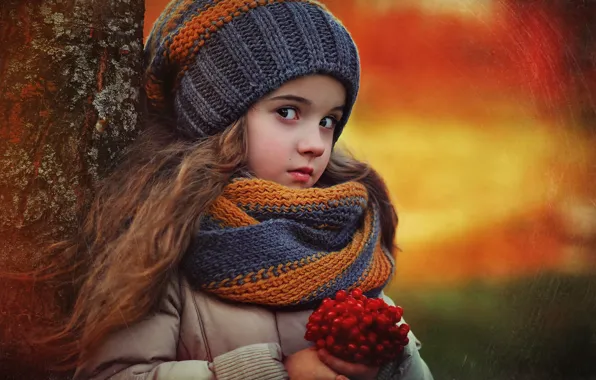 Picture autumn, nature, children, berries, tree, girl, child
