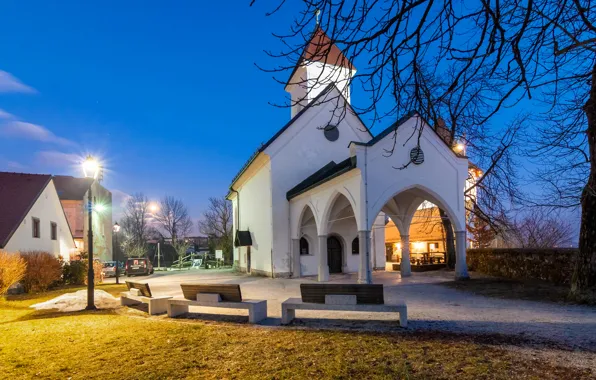 Picture lights, the evening, lights, Church, benches, Slovenia, Kranj