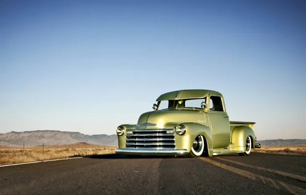 Picture Chevrolet, wheels, road, sky, front, hill, horizon, 1949, headlight, chopped