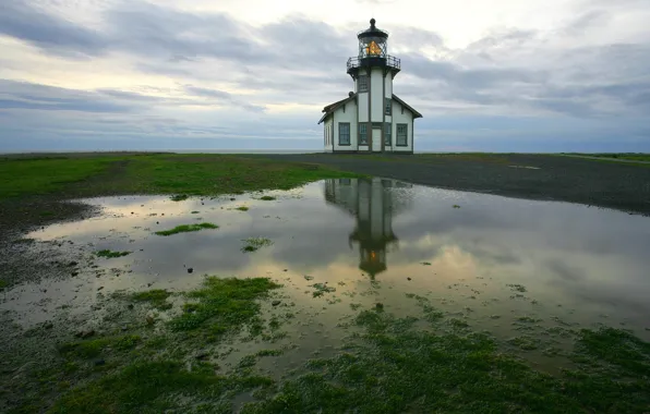 Picture shore, lighthouse, puddles