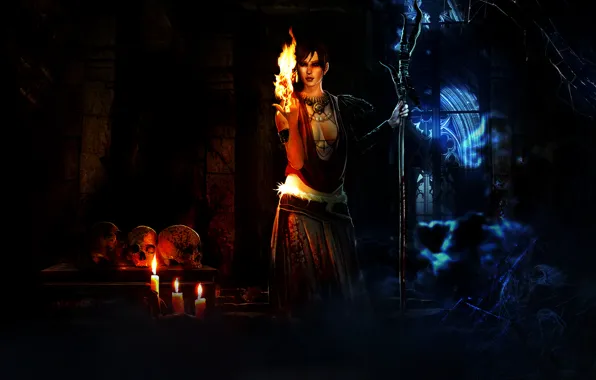 Picture fire, web, candles, skull, witch, Morrigan, Dragon Age