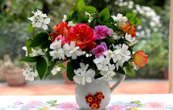 Picture flowers, bouquet, window, pitcher