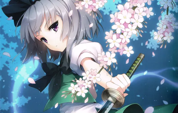 Picture girl, flowers, weapons, katana, anime, Sakura, art, touhou, konpaku youmu, an2a
