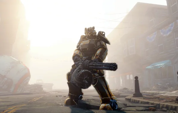 Picture gun, power, minigun, Fallout 4, heavy armor