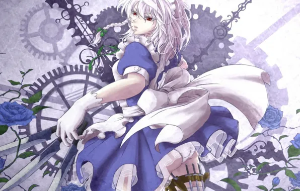 Picture gear, gloves, knives, red eyes, blue, the maid, izayoi sakuya, apron, ruffles, blue roses, project …