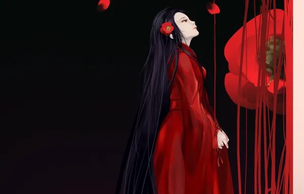 Picture petals, Geisha, black background, red flower, red kimono
