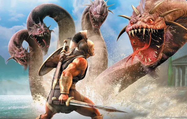 Picture warrior, fight, Hydra, Titan Quest