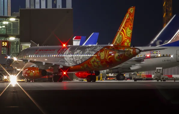 Picture night, lights, airport, Russia, the plane, coloring, Aeroflot