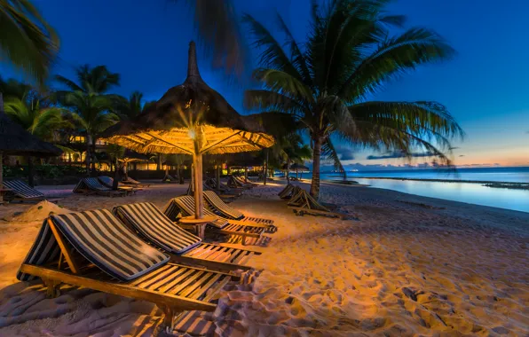 Picture sand, sea, beach, lights, tropics, palm trees, coast, island, the evening, horizon, sunbeds, sun loungers, …