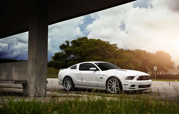 Picture Mustang, Ford, Muscle, Car, Front, Sun, White, CVT, Vossen, Wheels