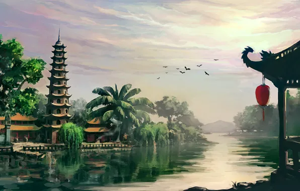 Picture landscape, river, Asia, temple, pagoda, Vietnam