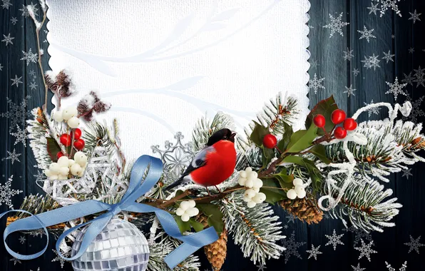 Picture winter, snowflakes, bird, branch, New year, bullfinch, bird, New Year, snowflakes