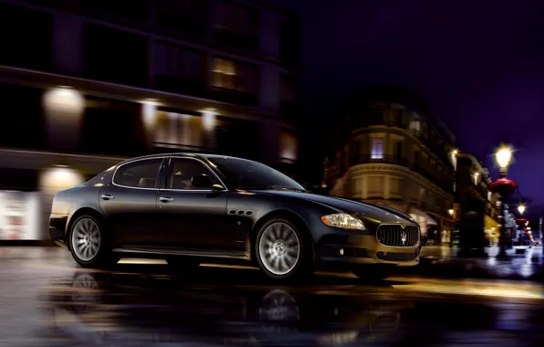 Picture Maserati, Quattroporte, Black, Night, The city, Wheel, Riding