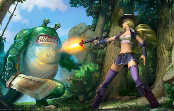 Picture girl, weapons, monster, girl, monster, game wallpapers, Royal Quest