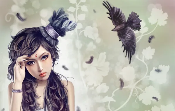 Picture girl, bird, pattern, feathers, piercing, tattoo, art, bracelet, hat, Raven