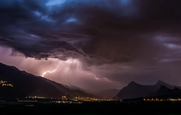 Picture the storm, mountains, night, the city, lights, lightning