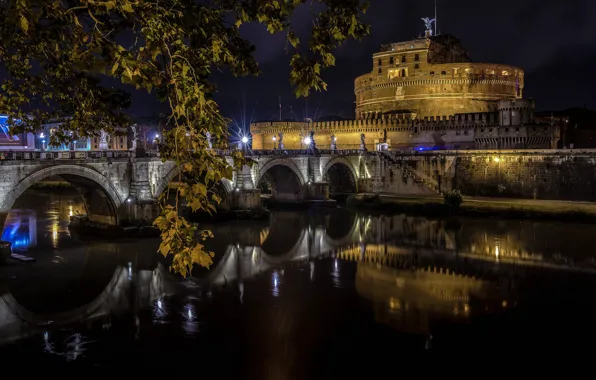 Picture night, lights, river, Rome, Italy, The Tiber, Ponte Sant'angelo, Castel Sant'angelo