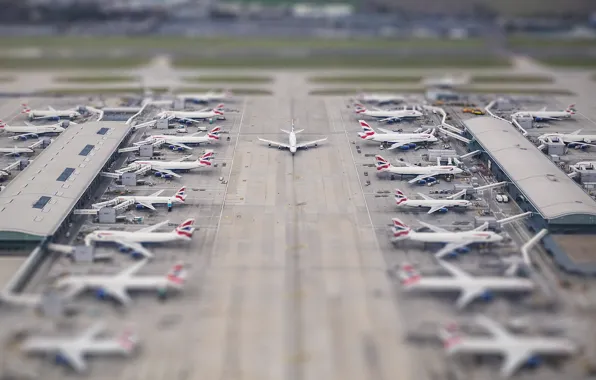 Picture airplane, tilt-shift, diorama, Heathrow, illusion, terminal