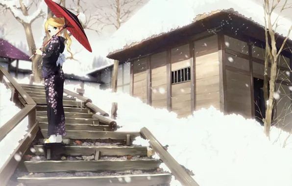 Picture winter, snow, umbrella, Japan, ladder, kimono, art, wooden house, Sayonara Zetsubou Sensei, dull teacher, Goodbye, …