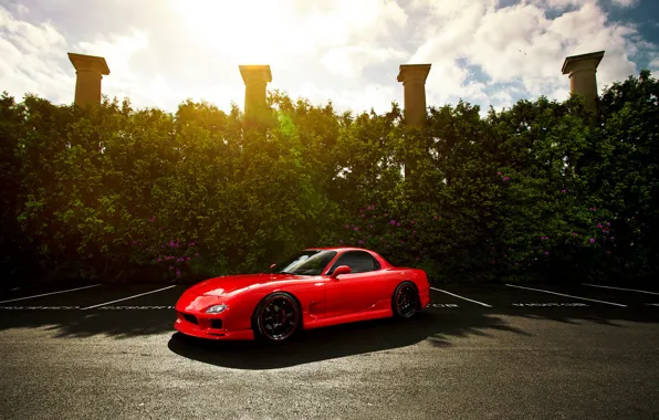 Picture the sun, columns, red, Mazda, Blik, red, front, Mazda, RX-7