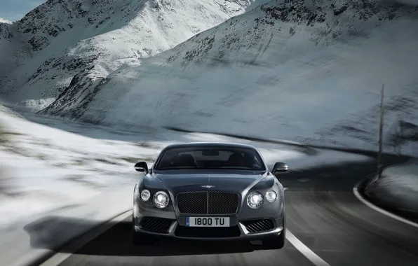 Picture Winter, Bentley, Continental, Road, Snow, Machine, Grey, Silver, The front, Range