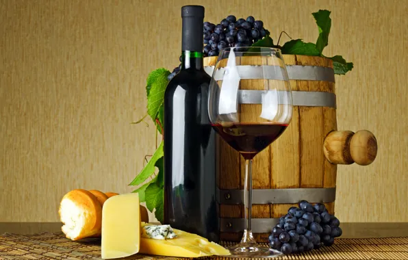 Picture leaves, table, wine, red, glass, bottle, cheese, bread, grapes, baguette, Mat, barrel