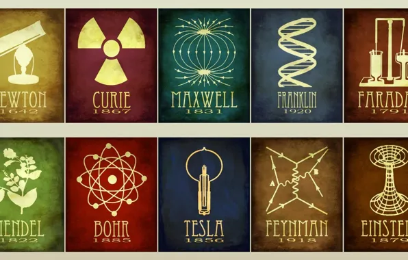 Picture Tesla, Einstein, Franklin, Mendel, Faraday, Feynman, Maxwell, Curie, Newton, Bohr
