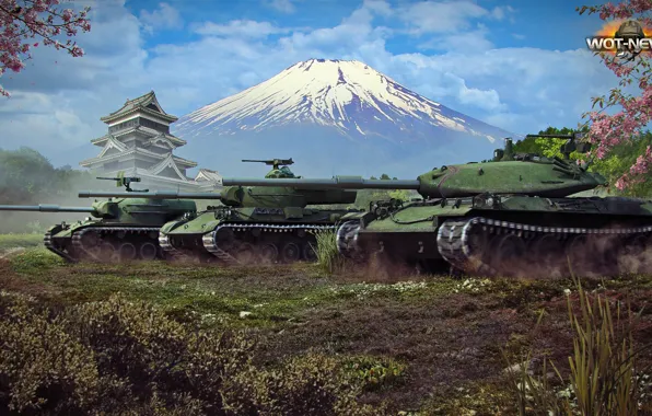 Picture nature, mountain, Japan, Sakura, trio, the Japanese, world of tanks, Type 61, STB-1, STA-1, way …