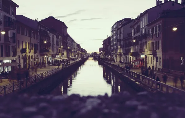 Picture river, Italy, sunset, street, people, houses, Milan, Milano, canal, Navigli