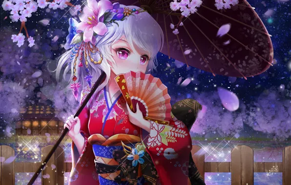 Picture umbrella, anime, Sakura, fan, kimono, flowering, Yukata