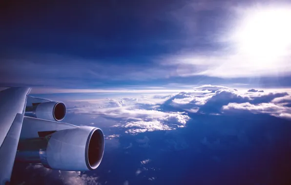 Picture The sun, The sky, Clouds, The plane, Engines, Blik, Aviation, In The Air, Wing