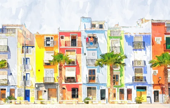Picture the city, figure, home, watercolor