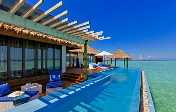 Picture sea, the sky, table, the ocean, interior, chair, pool, the Maldives, Bungalow