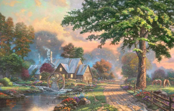 Picture summer, house, river, stream, horse, wheel, village, painting, painting, Thomas Kinkade, Kinkade, Simpler Times, water …